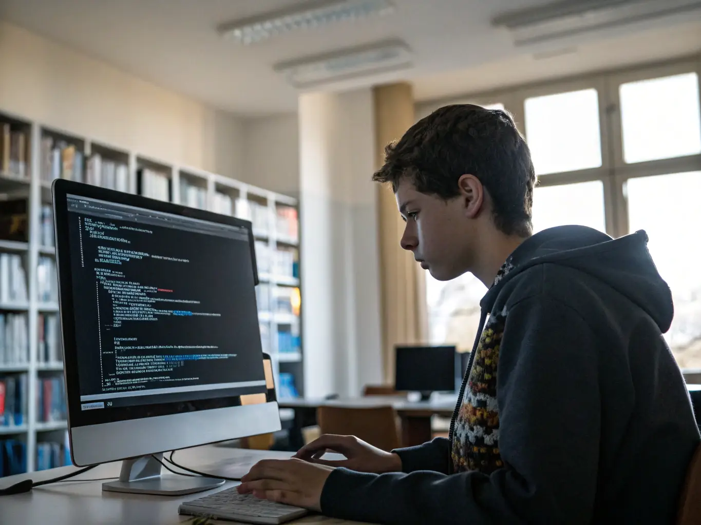 A focused student using machine learning software on a computer, surrounded by textbooks and notes, illustrating the intensive learning environment of the machine learning course.