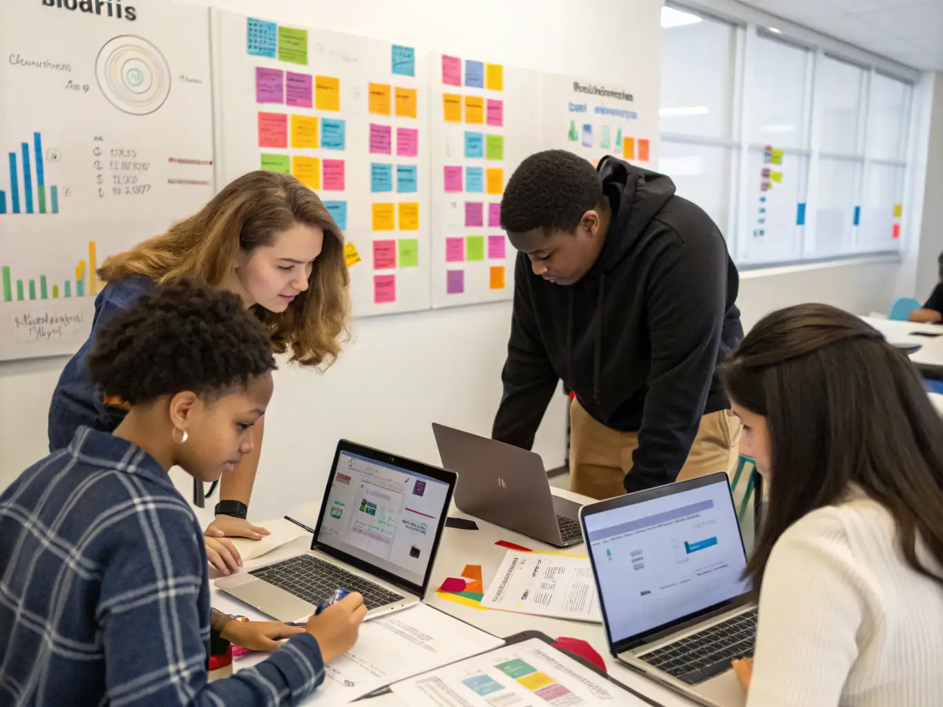 A diverse group of students collaborating on a data science project in a modern classroom setting, with laptops and data visualizations displayed on a large screen. The atmosphere is collaborative and supportive.