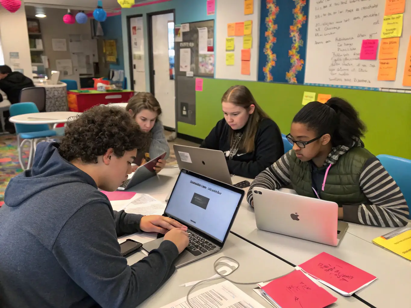 An image of a diverse group of students collaborating on a data science project, using laptops and discussing insights from data visualizations, set in a modern classroom environment.