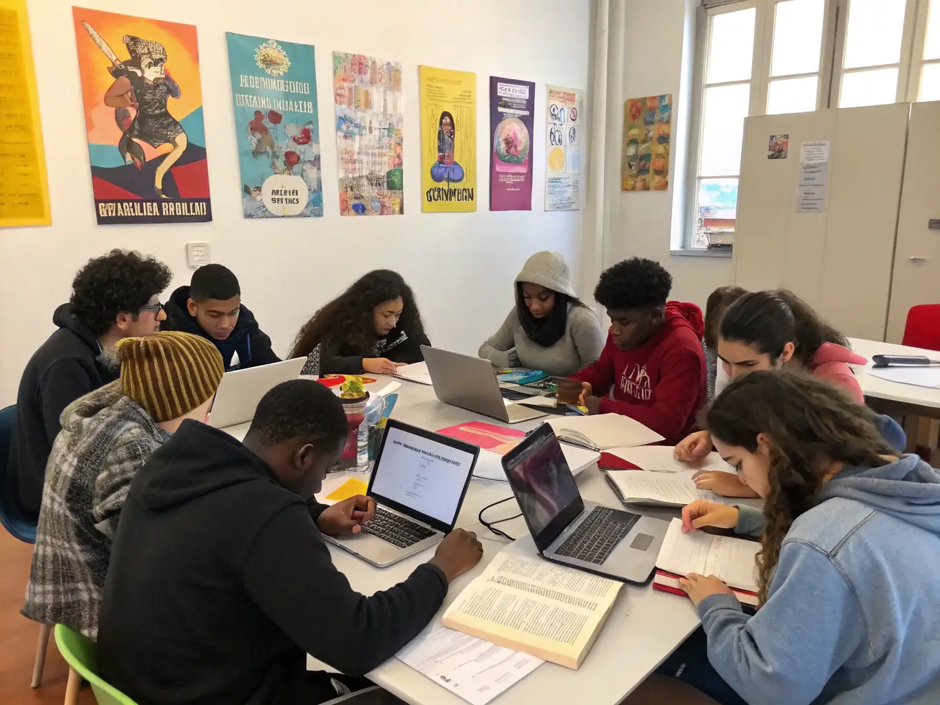 A diverse group of students collaboratively working on a data analysis project in a modern classroom setting, emphasizing teamwork and practical application of data science principles.